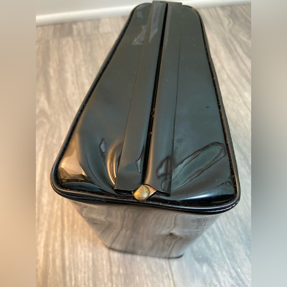 Vintage Evening Black Patent Vinyl Top Handle Handbag Purse, Bamboo Handle - Picture 10 of 11